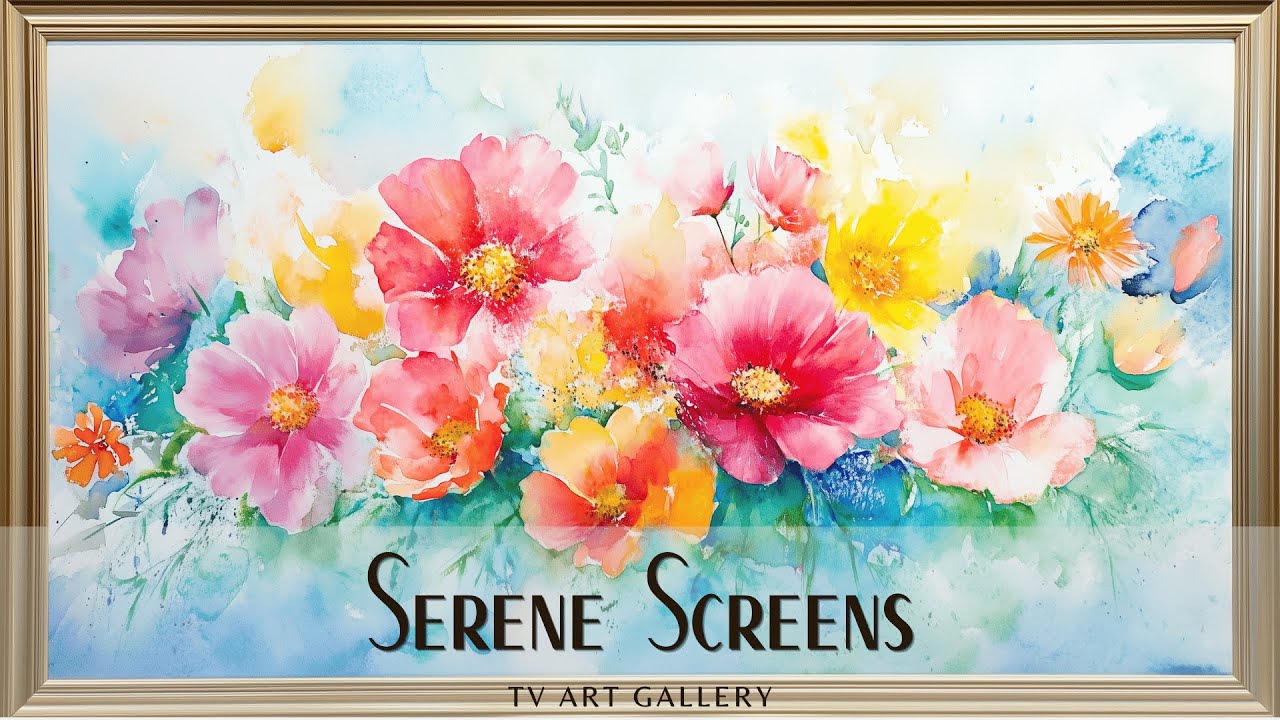 Gold Framed Bright Spring Flowers In Watercolor - TV Art Display, Wallpaper, Screensaver - Still