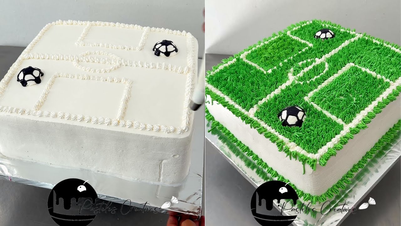 como decorar una torta cuadrado con cancha de futbol con pastos en crema