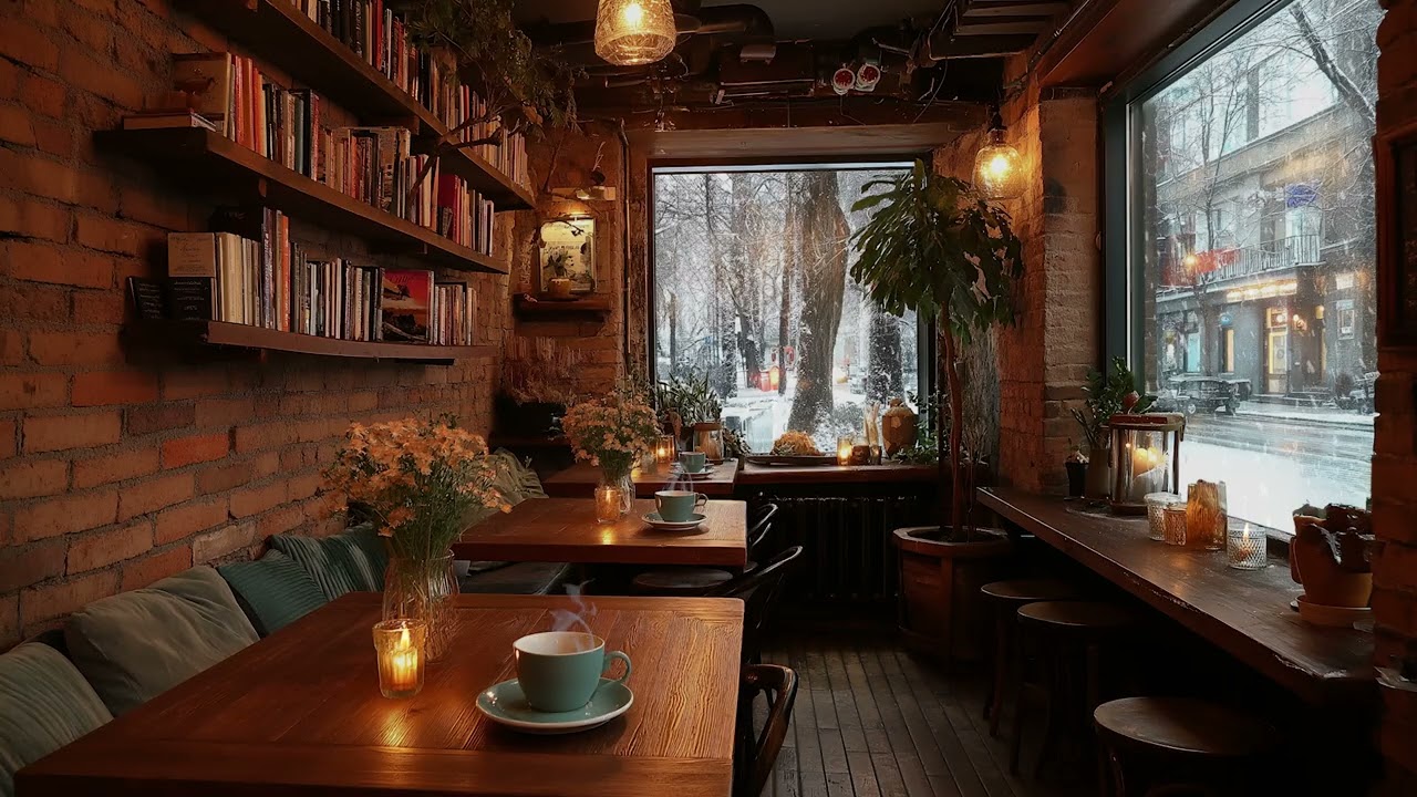 Snowy Window Café with Soft Piano Music and Warm Lights for Focus, Relaxation, and Sleep