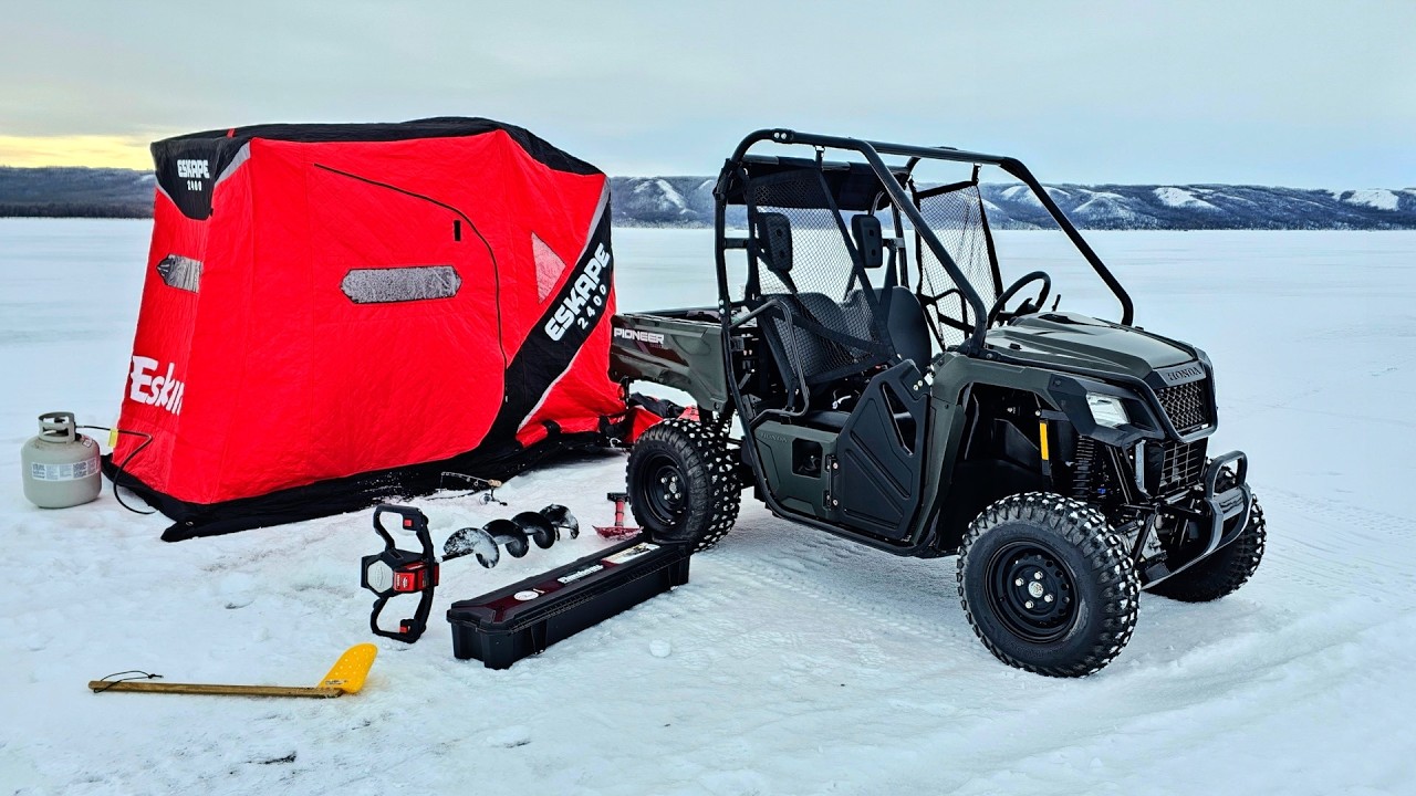Honda Pioneer 520 First Test Ice Fishing w/ Eskimo Eskape 2400 Flip Over Tent