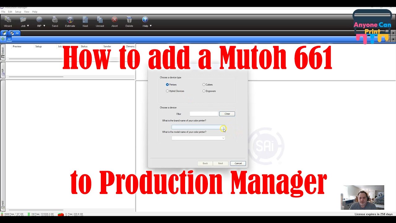 How to add a Mutoh XpertJet 661UF to Production Manager.