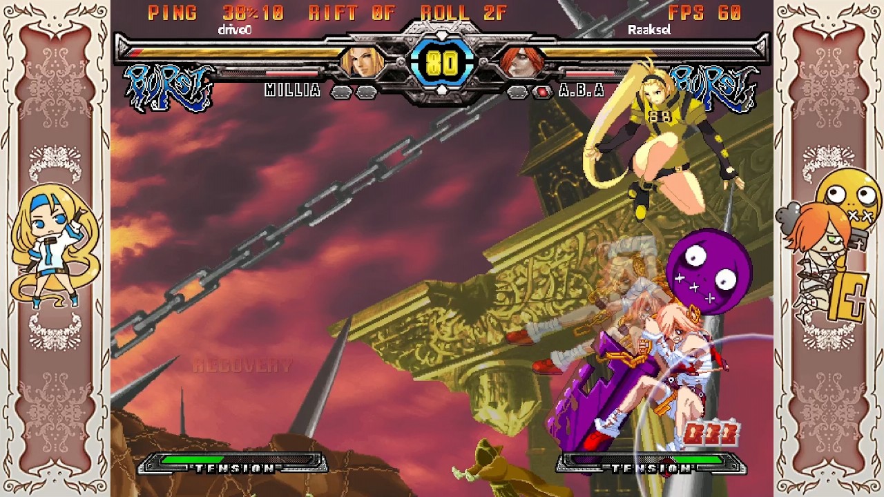 Guilty Gear XX Accent Core Plus R Lobby Matches- drive0 (Millia) VS Raaksel (A.B.A)