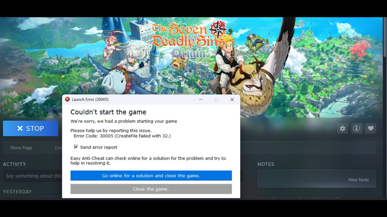 Исправлена ​​ошибка запуска игры The Seven Deadly Sins Origin с кодом 30005/30021225: &laquo;Не удалось...