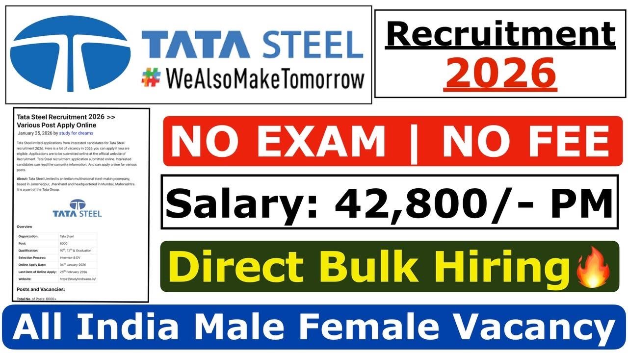 Tata Steel Recruitment 2026 | Tata Steel Hiring 2026 | Tata Steel Job Vacancy 2026 | Freshers Job