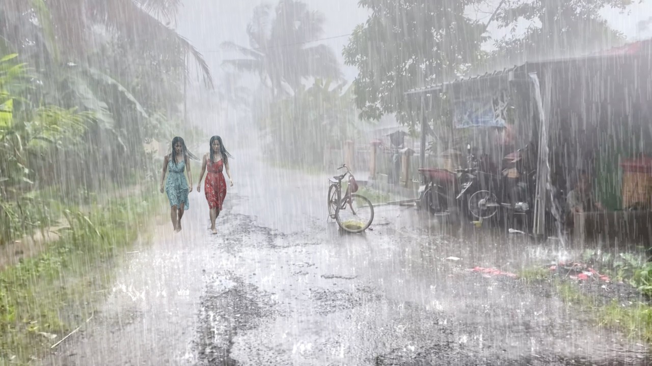 Rural Heavy rain and thunderstorms hit the green & beautiful countryside | A Relaxing Rain Walk Day