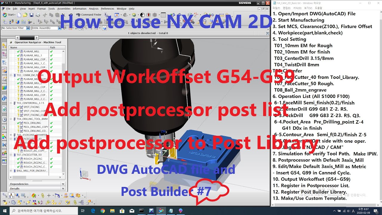 NX CAM 2D with DWG AutoCAD File  - Step#7 Output workoffset(G54-G99) , Add post list , Add post LIB.