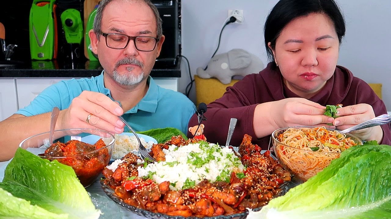 Мукбанг Курица в кисло-сладко-остром соусе