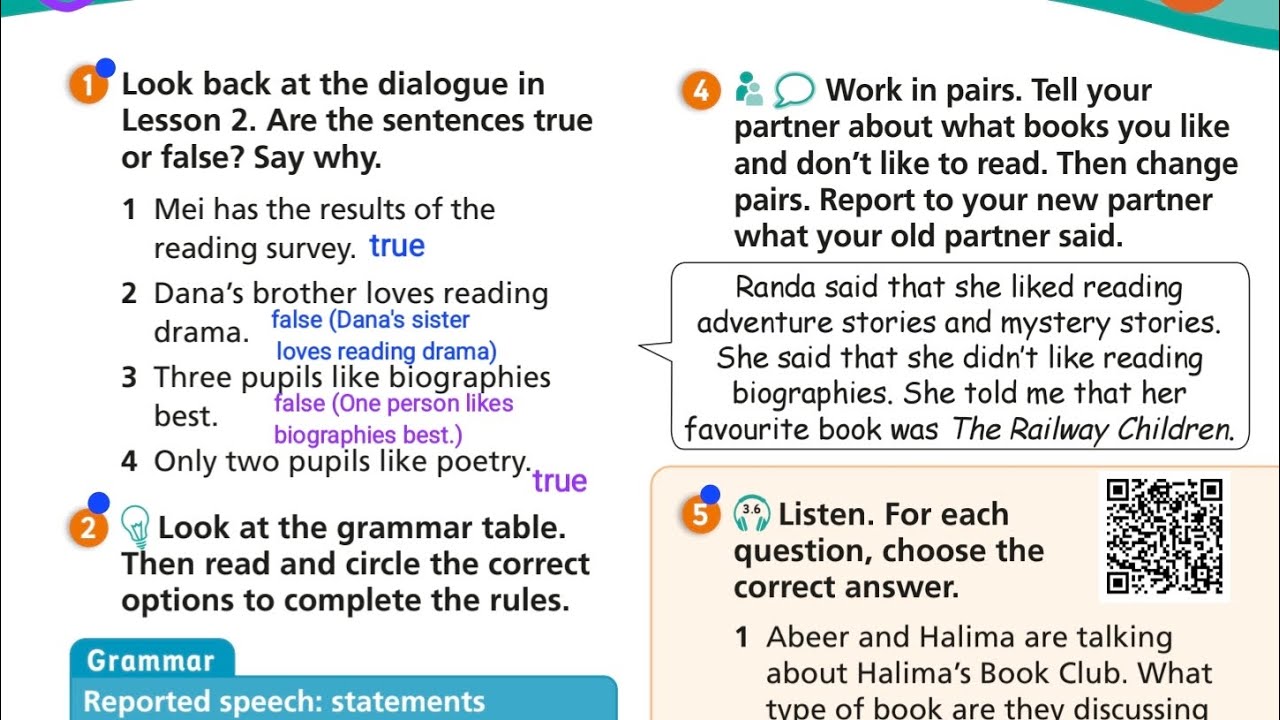 انجليزي الصف السابع كتاب الطالب صفحة 35 وشرح قاعدة ال reported speech 