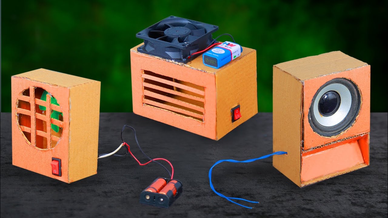 3 different items made of cardboard dc motor cooling fan speaker
