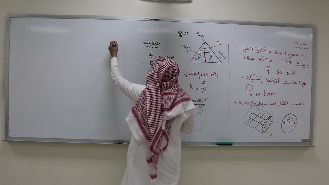 حسابات متعلقة بالاسطوانات النيوماتية أحادية الفعل وإيجاد قيمة القطر dالمناسب بمعلومية القوةF والضغطP