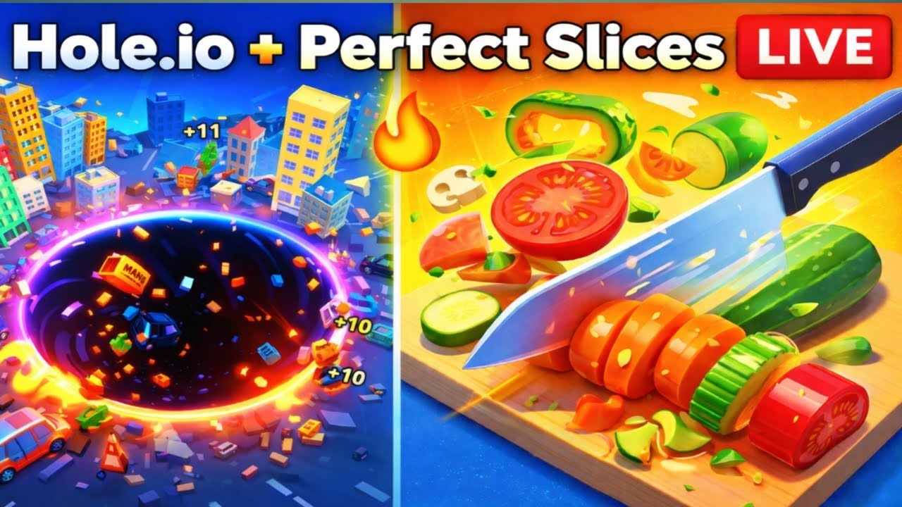 Hole.io + Perfect Slices LIVE 🔴 Giant Black Hole & Satisfying Cutting Gameplay | Nonstop Mobile Gam