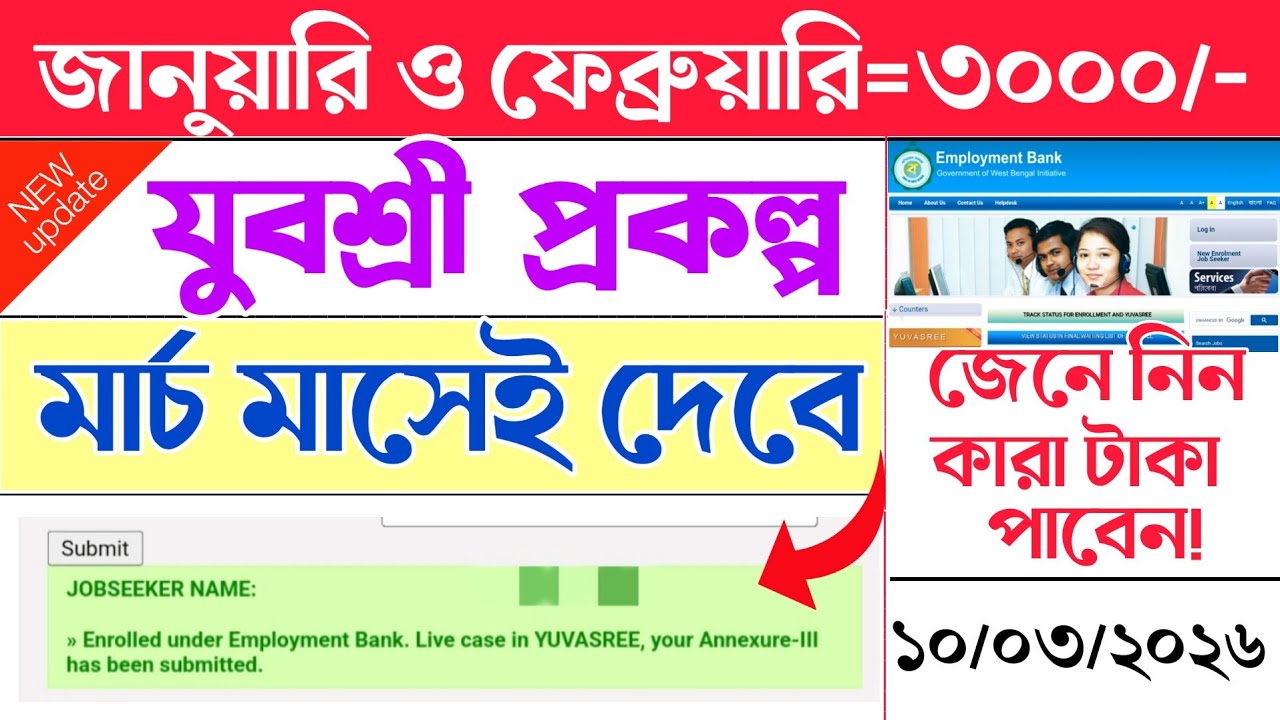 জানুয়ারি ও ফেব্রুয়ারি মাসের টাকা | yuvashree new update || employment bank || yubashiri new update