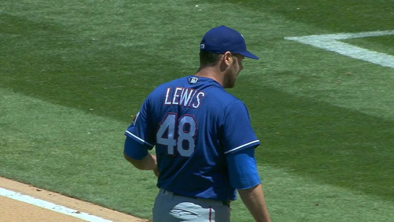 TEX@OAK: Lewis flirts with no-no, gets complete game
