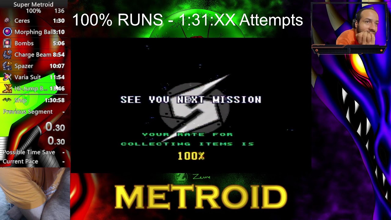 [EN-PT-ES] Super Metroid Onehanded - 100% Runs - Sub 1:32 attempts - I got a 3.4 second pb! 1:32:24!