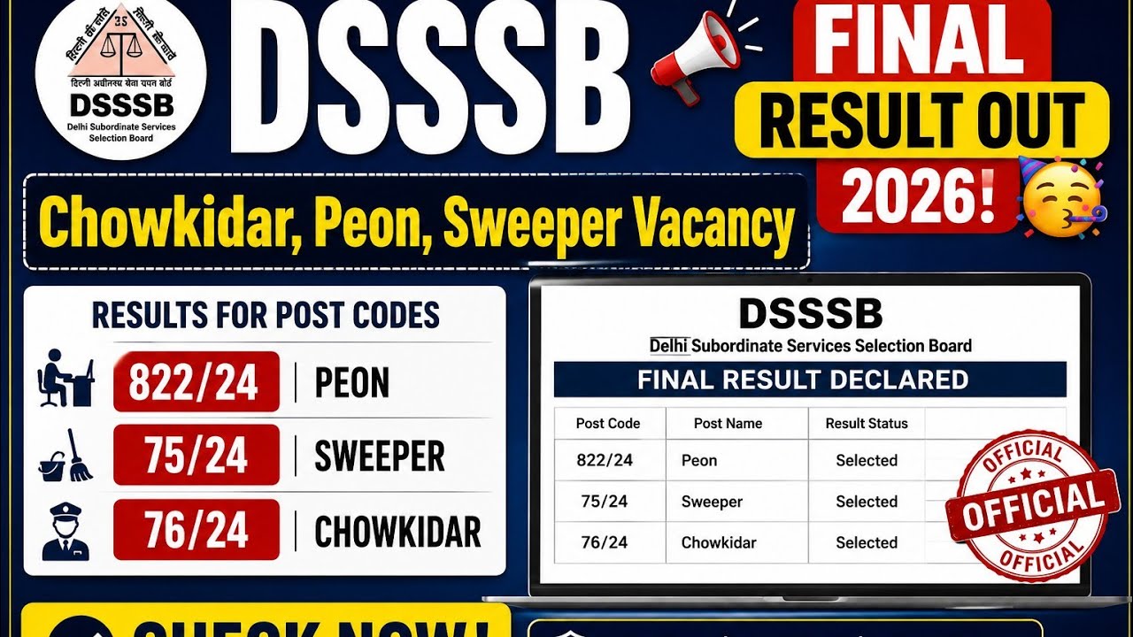 DSSSB Final Result Out 2026! 🥳 | Chowkidar, Peon, Sweeper vacancy out |.   dsssb.delhi.gov.in