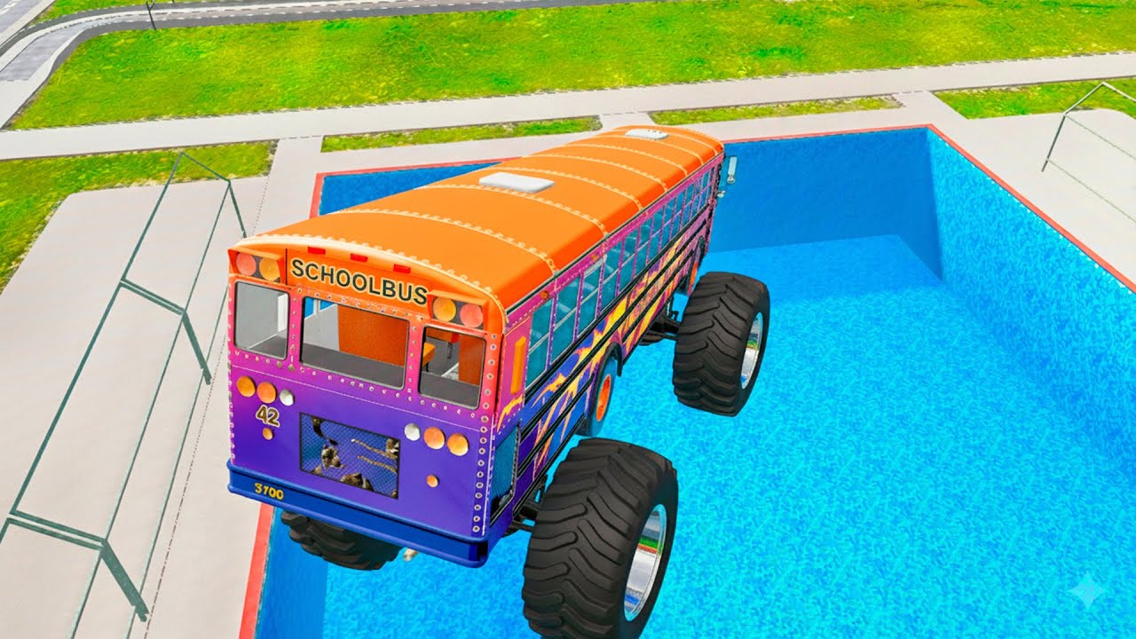 BeamNG Drive: School Bus Down In Swimming Pools – Extreme Bus Crash Challenge in BMG