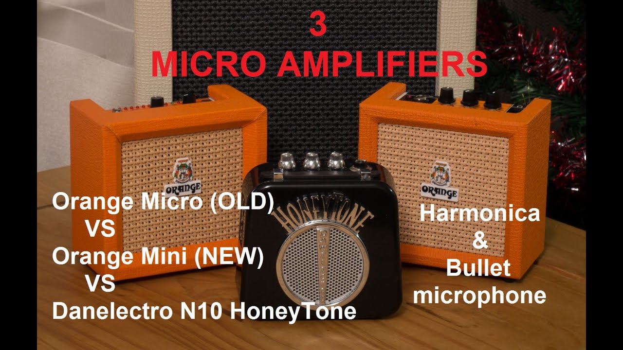 3 micro amplifiers: Orange Micro, Orange Mini, Danelectro Honeytone - on harmonica