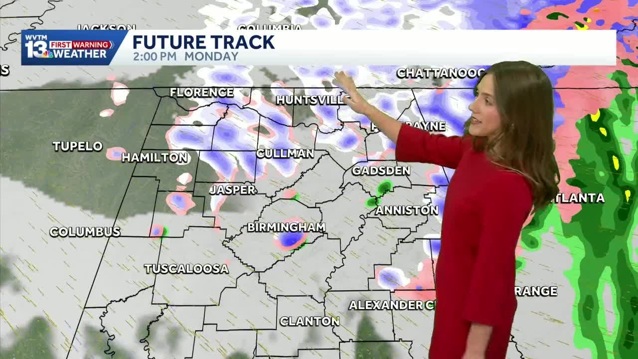 Snow showers across Alabama Monday with a Freeze Warning overnight.