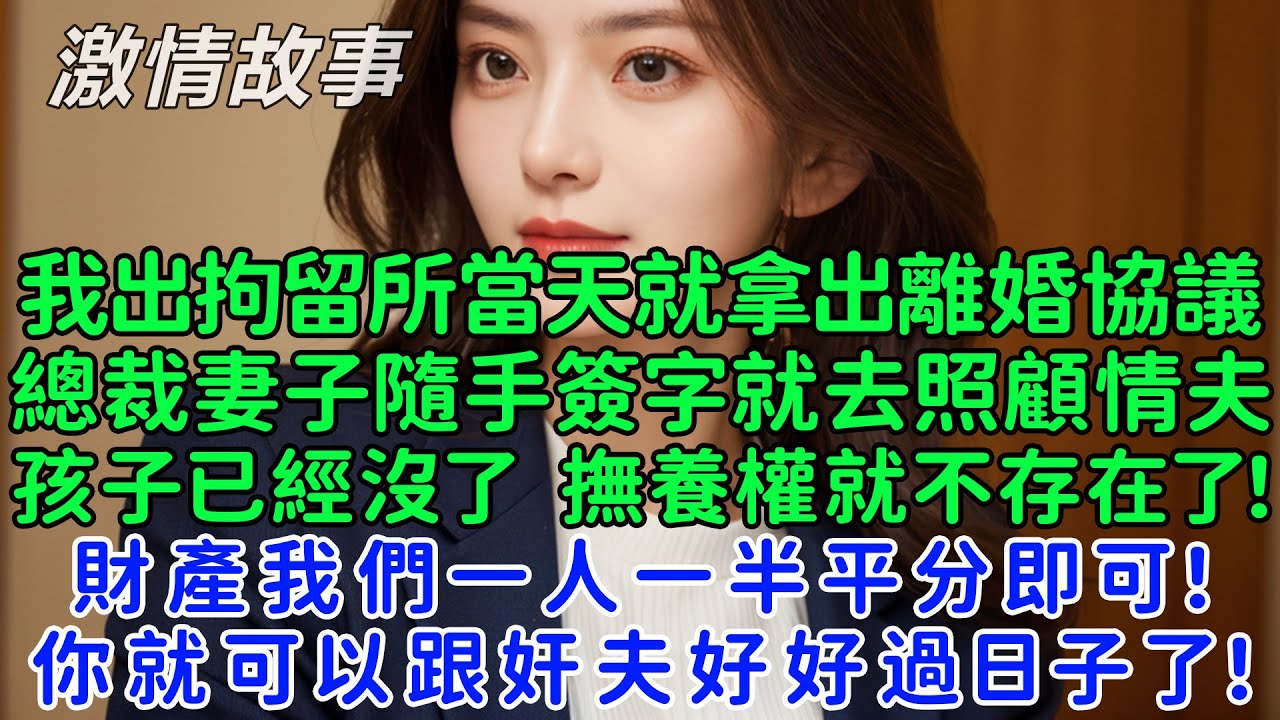 我踏出拘留所大門當天就拿出離婚協議：簽字吧！總裁妻子隨手簽下字就去照顧情夫！既然孩子已經沒有了，撫養權也就不存在了！財產我們一人一半平分即可！你就可以跟奸夫好好過日子了！