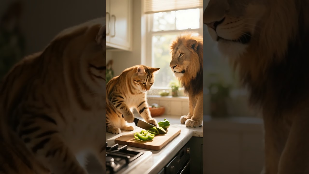 The little cat saved the injured lion and prepared scrumptious food to entertain it. 