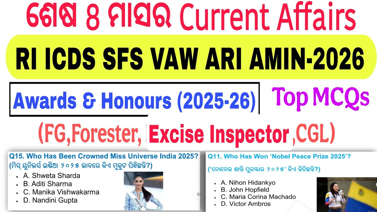 RI ARI AMIN SFS ICDS VAW JA FG Forester Excise Inspector JT-2026//Awards & Honours/Current Affairs