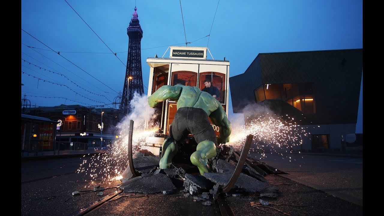 Madame Tussauds Blackpool  - Marvel Superheroes Launch - The Hulk stops a Blackpool Tram