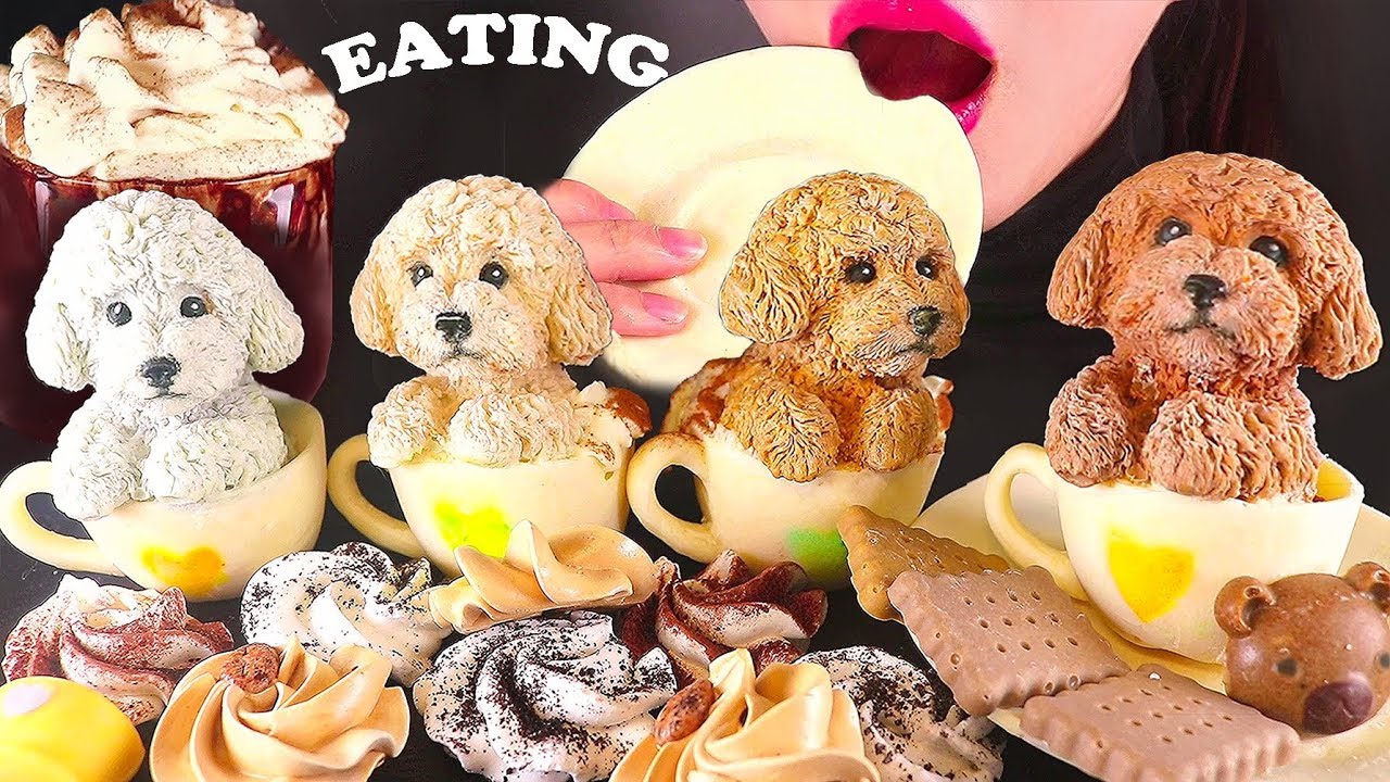 ASMR EDIBLE чайная чашка пудель, блюдо, безе, шоколадный десерт DOG, звук еды