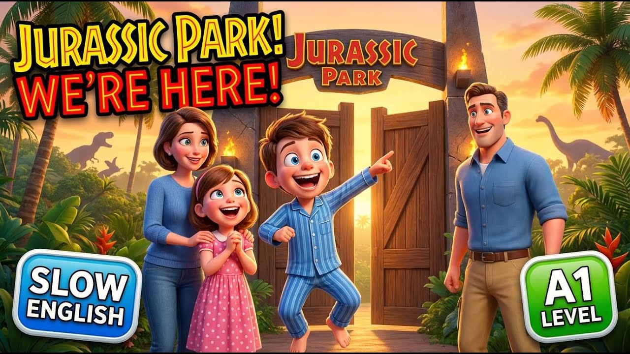 🦖 Family Trip to Jurassic Park  to  Meet Real Dinosaurs! 🦕 | A1 Level Slow English |English for Kids