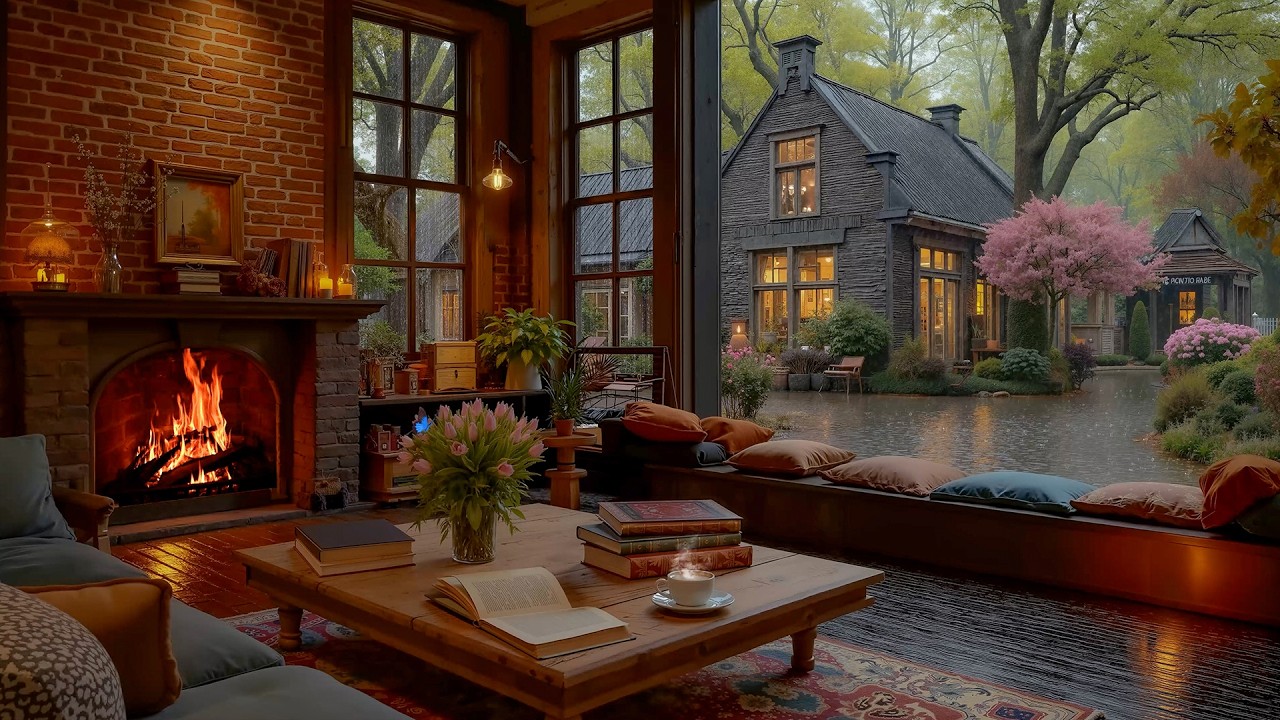 Rainy Day in Cozy Room Ambience | Smooth Jazz with Heavy Rain & Warm Fireplace Sounds for Study