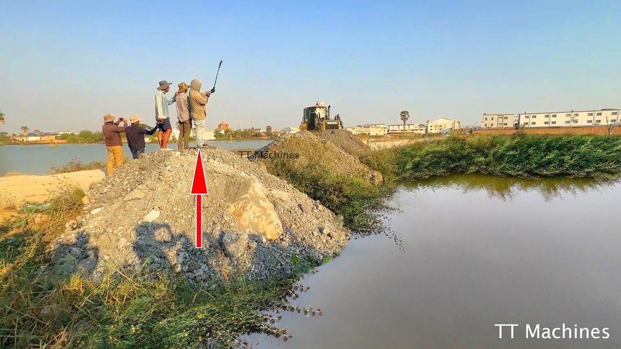 New Location !! Getting Start Filling Small Pond By Heavy Shatui Dozer Push Rock Into Water & Trucks