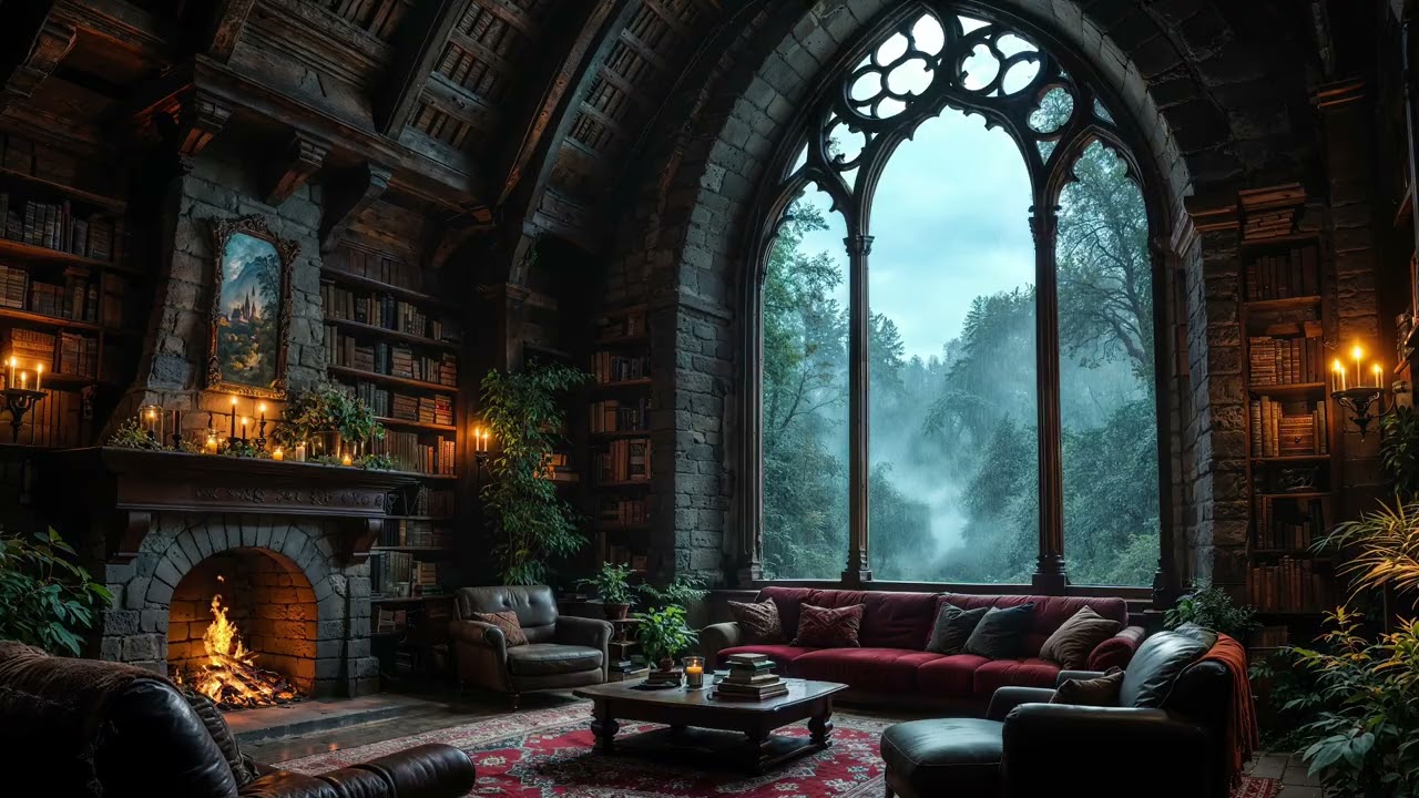 Rainy Day Castle Nook 🌧️🔥 Cozy Fireplace Ambience for Reading, Relaxation & Sleep