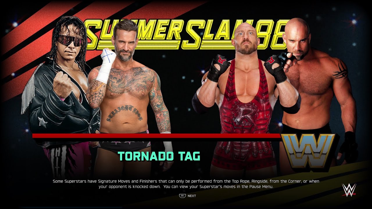 WWE 2K25 Bret Hart & Cm Punk vs Bill Goldberg & Ryback - Tornado Tag Team Match - PS5 Gameplay