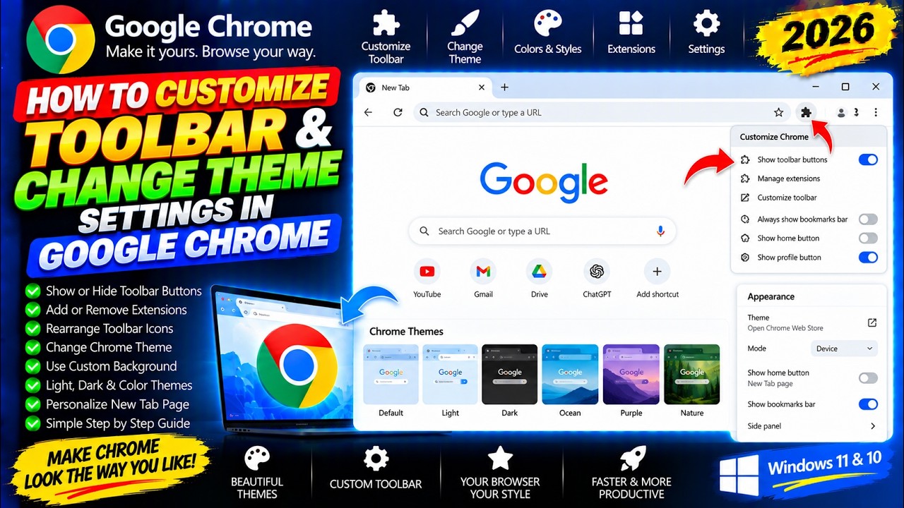 Как настроить панель инструментов и изменить настройки темы в Google Chrome