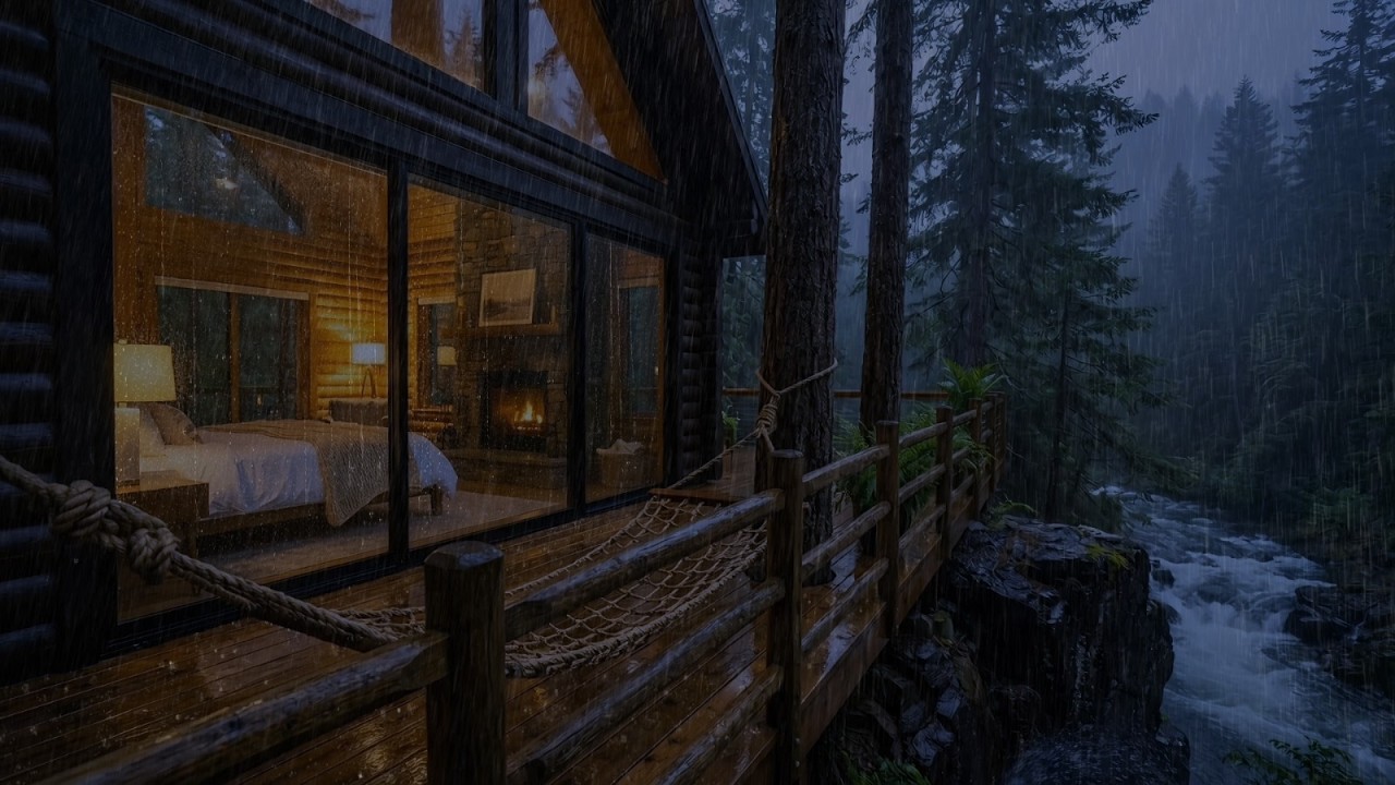 Night Rain in Pine Forest by River | Cozy Cabin Window View for Insomnia Relief