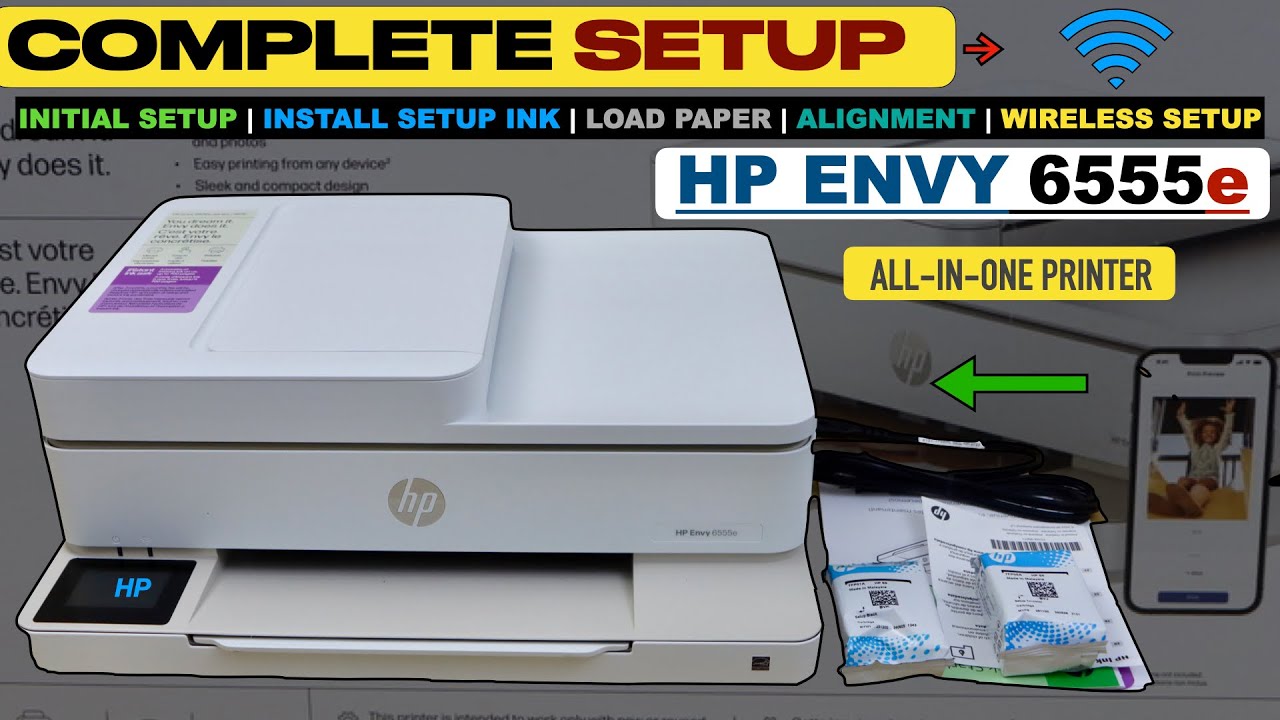 Настройка принтера HP Envy 6555e, установка чернил, загрузка бумаги, настройка Wi-Fi, приложение ...