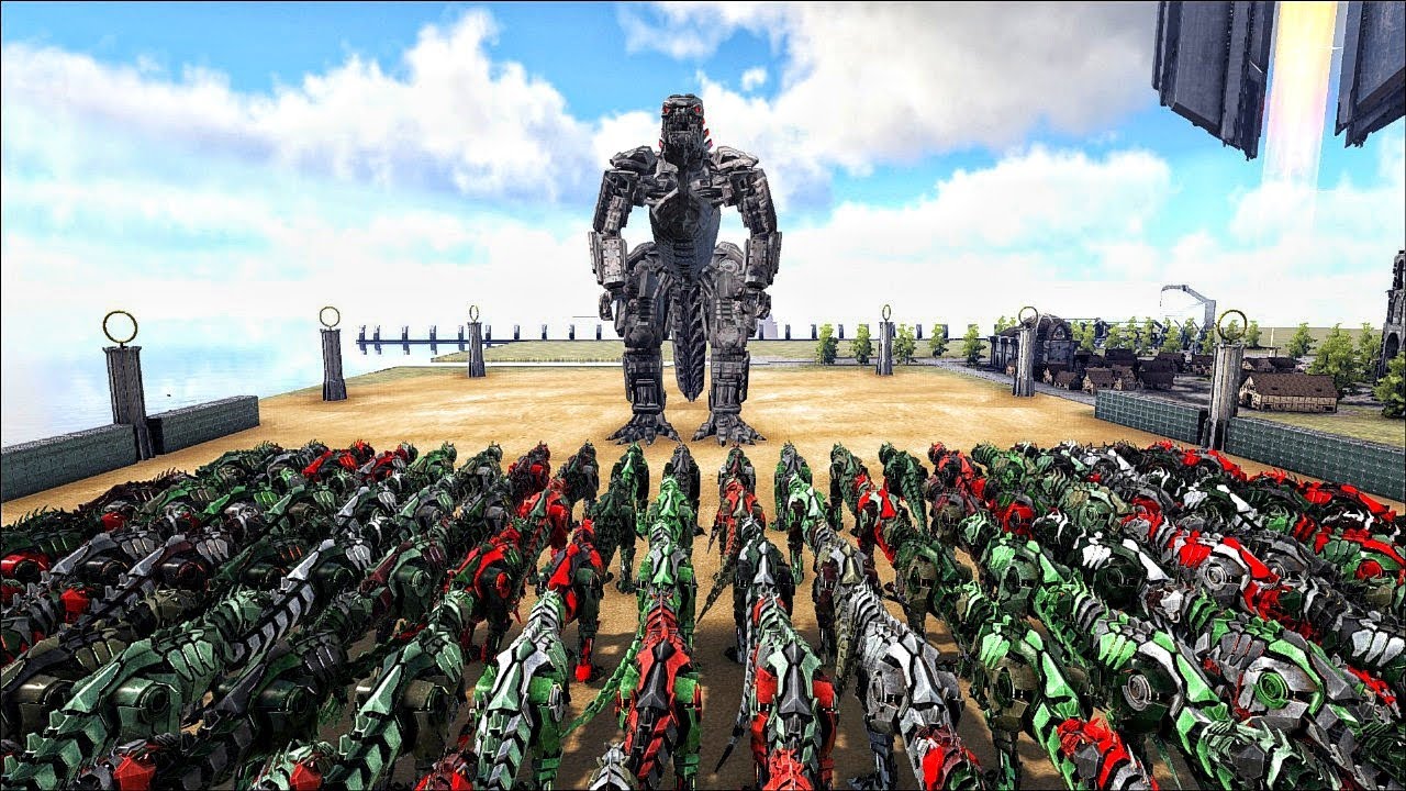 Mecha Godzilla VS 100x Tek Giganotosaurus | ARK Dino Battle | DINOWORLD |