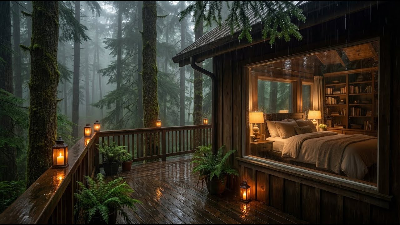 Total Relief Rain & Felt Piano in Dark Forest Cabin Terrace for Stress Relief Now 🌲🧘