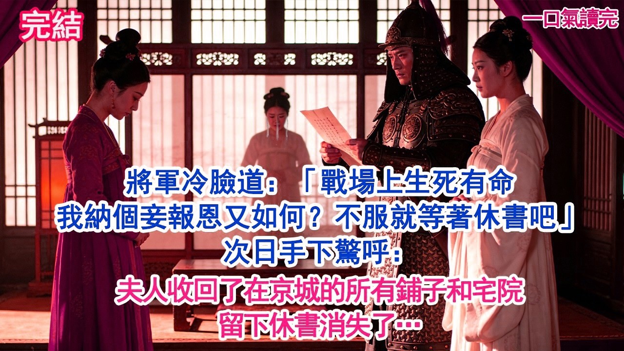 將軍冷臉道：「戰場上生死有命我納個妾報恩又如何？不服就等著休書吧」次日手下驚呼：夫人收回了在京城的所有鋪子和宅院留下休書消失了…#古風#追妻火葬場#愛情#小說