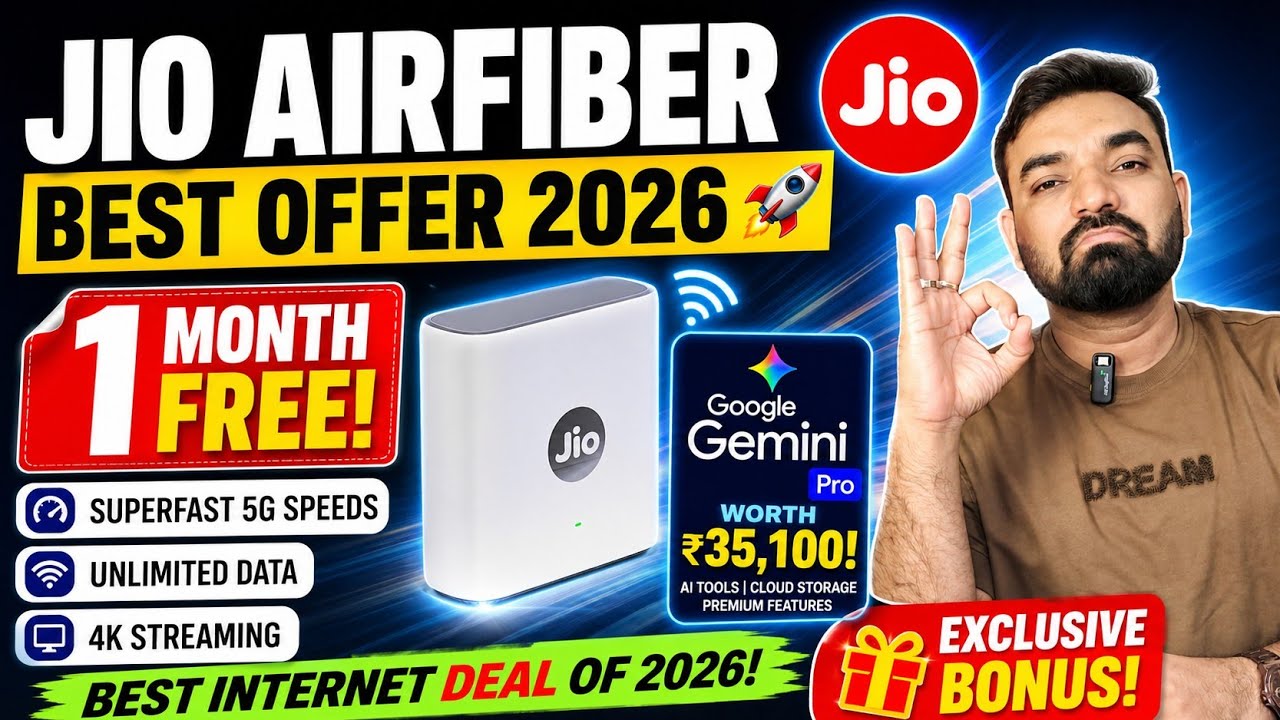 Jio Airfiber Best Offer 2026 🚀 1 Month FREE & Google Gemini Pro Worth ₹35,100! #JioAirfiber