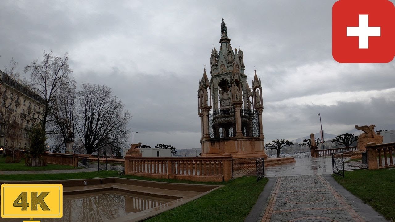 Rain walk in Geneva, Switzerland (Lake area) | Winter 【4K】Canton de Genève, Suisse