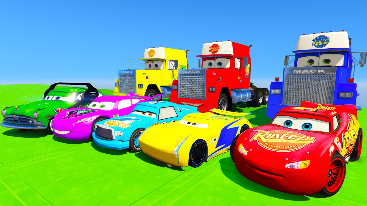 SPIDERMAN McQueen CARS Vs MACK Truck MEGA GODZILLA Ramp ! SUPERHEROES HULK Car Stunts Race - GTA V