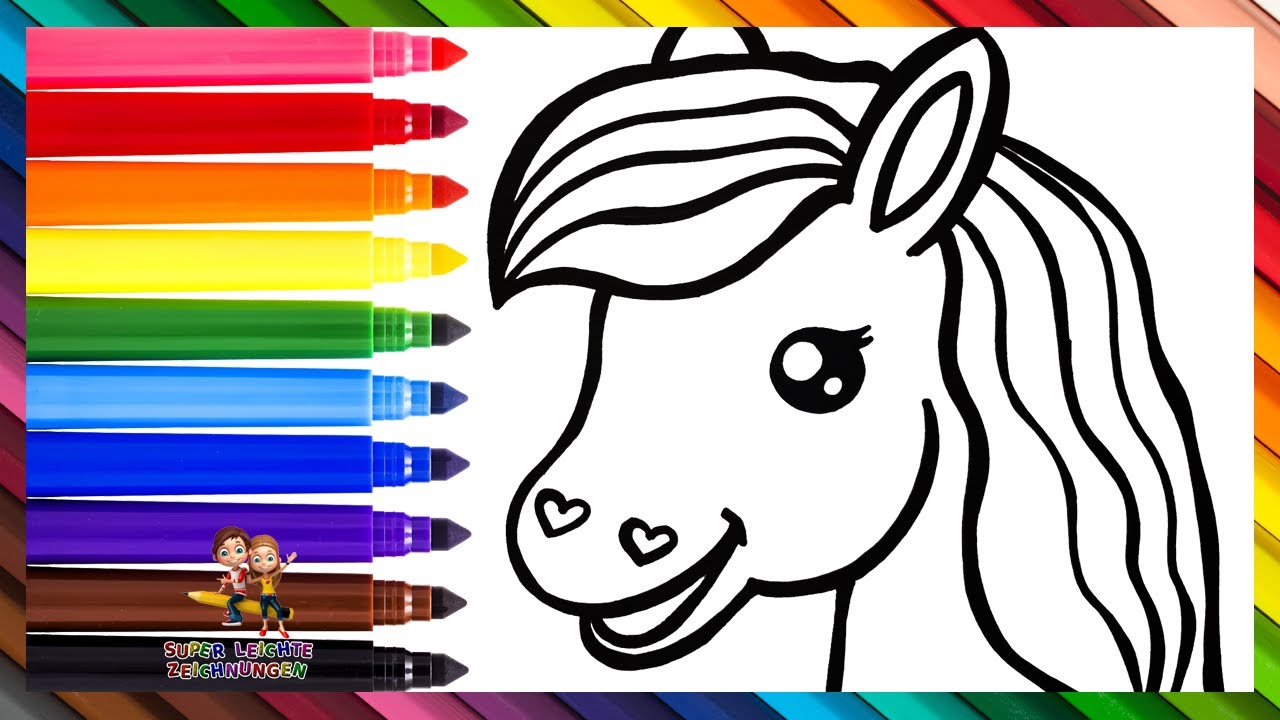Wie zeichnet man ein Pferd 🐴 Zeichnen und Ausmalen eines s&uuml;&szlig;en Pferdes 🐎🌈 Zeichnungen f&uuml;r Kinder