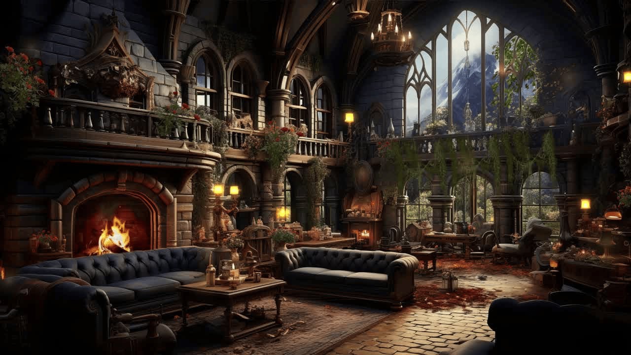 Sala medieval | clima aconchegante com lareira e música celta | projetor