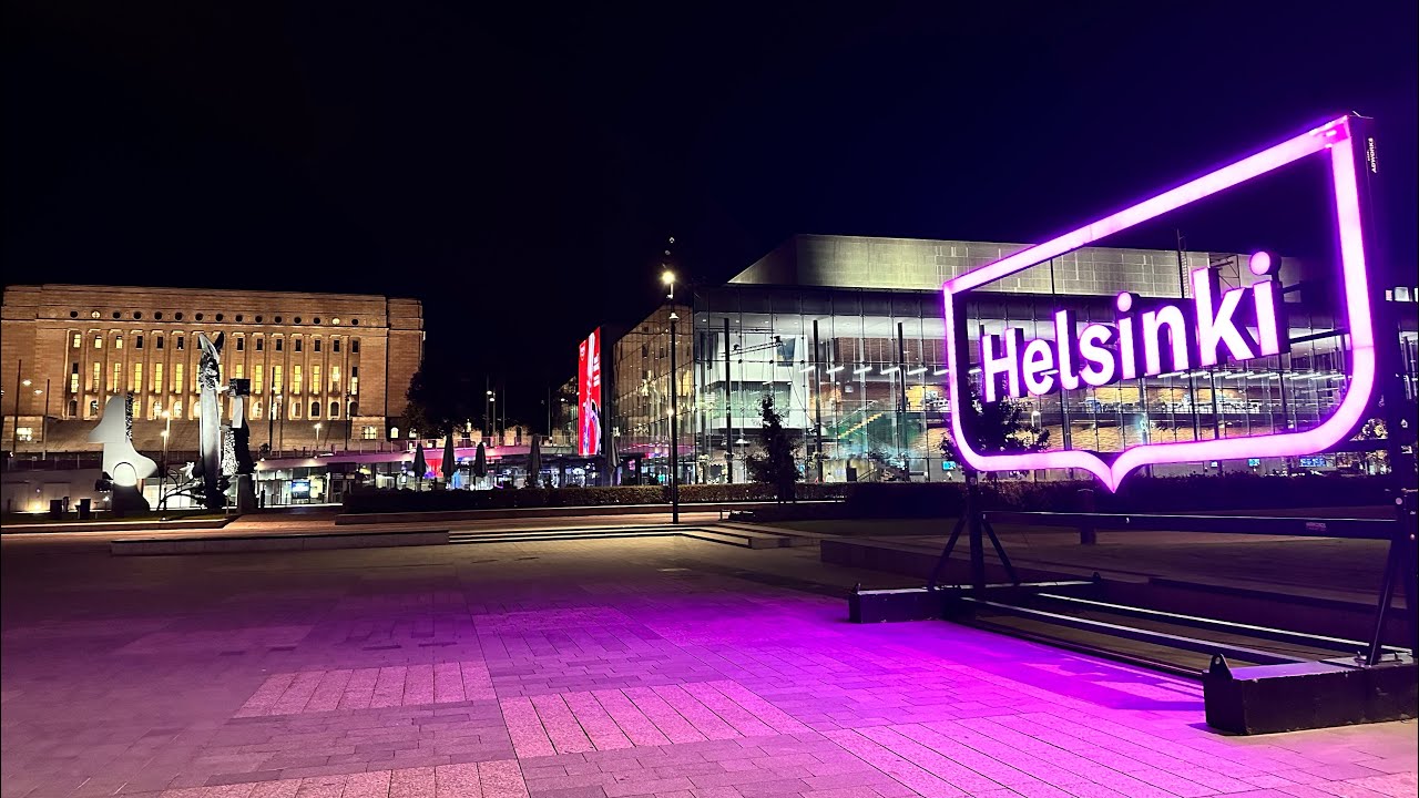 Helsinki Finland, Downtown at night【4K Walking Tour】