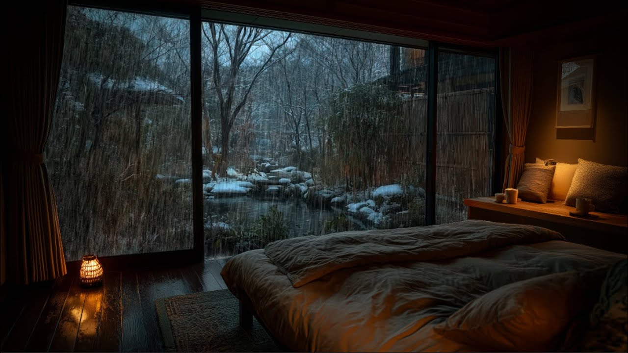 Сильный дождь в спальне японского рёкана 🌧️ Дождь в саду способствует глубокому сну и расслаблению