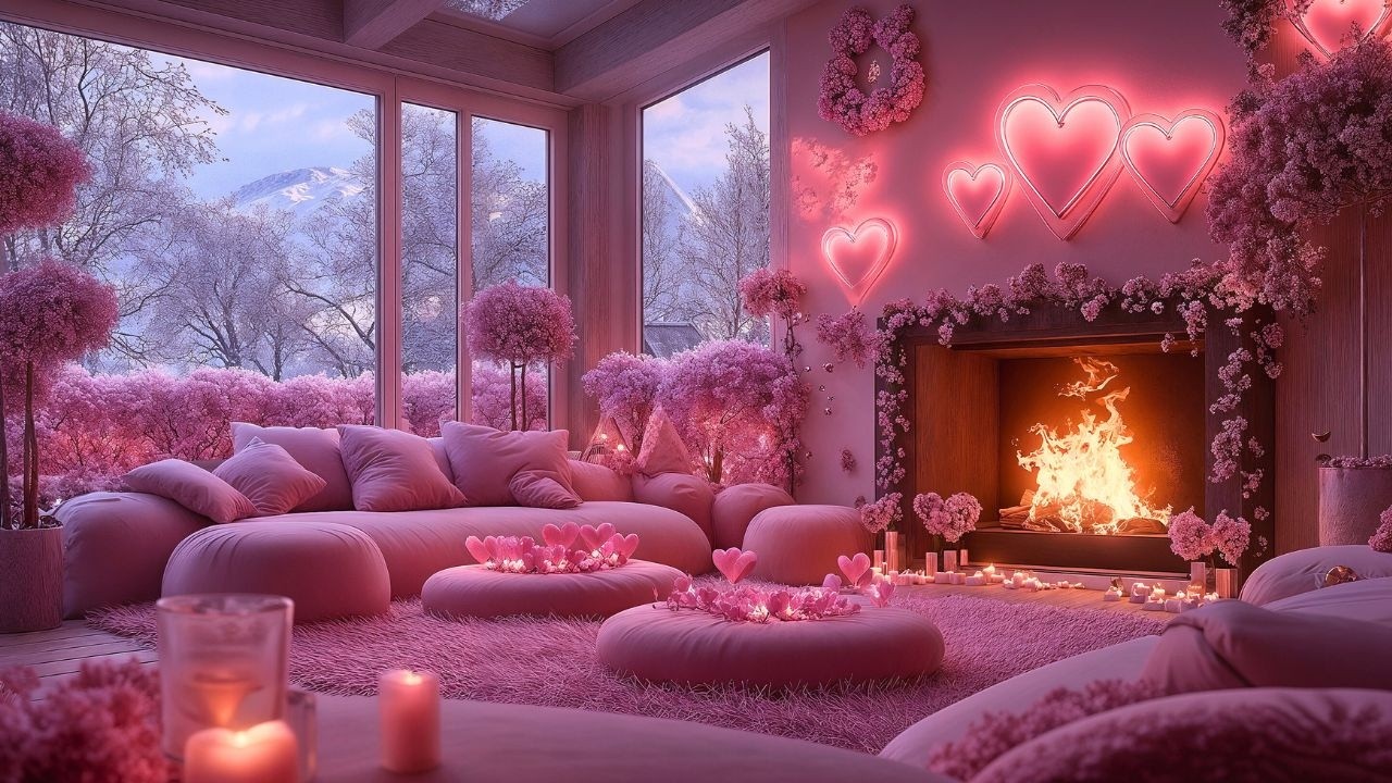 💕❄️🔥 Dreamy Valentine’s Pink Snow Porch | Soft Jazz & Cozy Fireplace Ambience for Relaxing Evenings