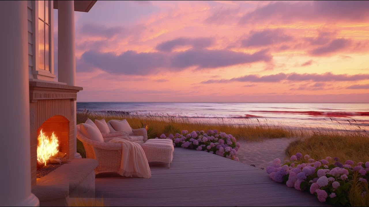 Cozy Coastal Porch with Crackling Fireplace & Ocean Sounds ASMR | Relaxing Beach Ambience & Focus