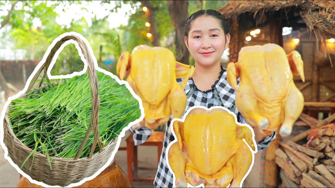 Collect chive in my house and cook chicken, tofu, pig blood for family dinner | Cooking with Sros
