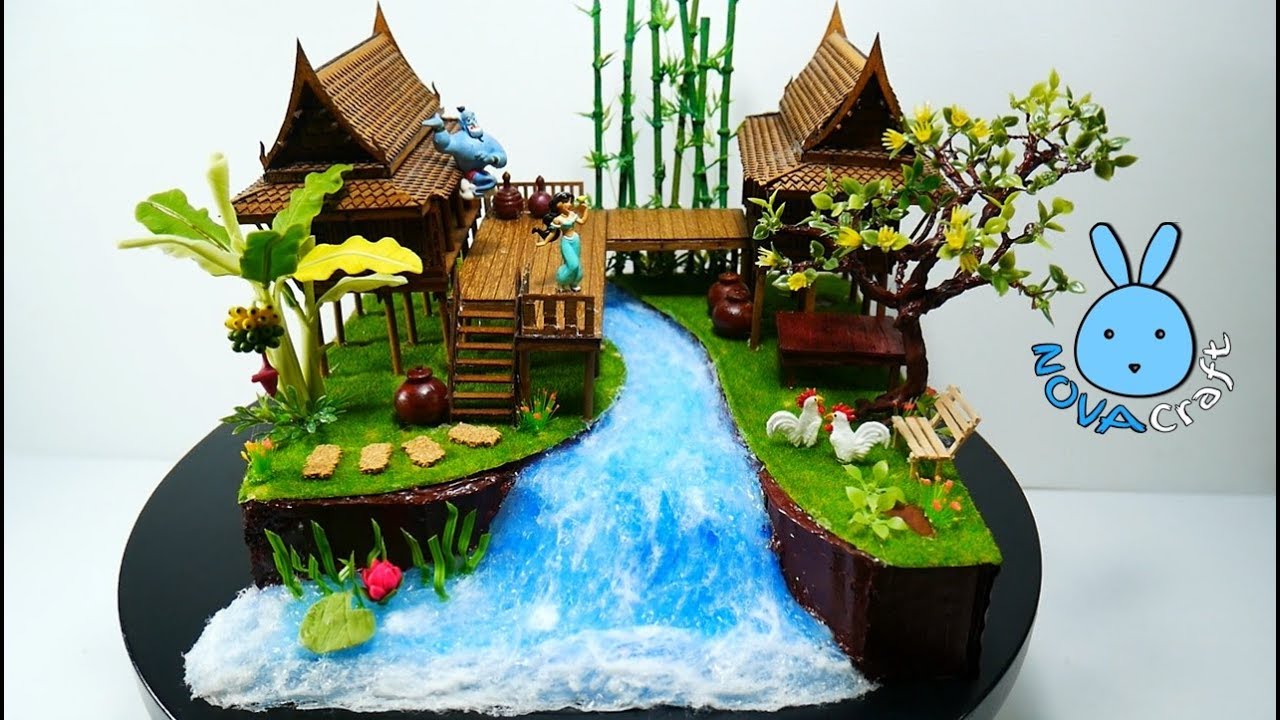 Hot Glue Waterfall realistic Tutorial Thai House Model | ทำน้ำตกปืนใต้บ้านทรงไทย