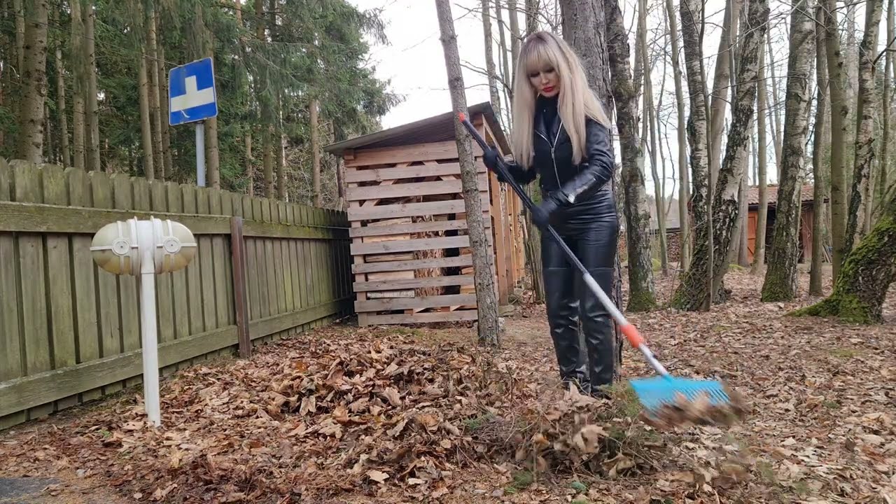 4K,Granate Styling, walking outdoor, garden work in winter, leather pants, thigh high rubber boots